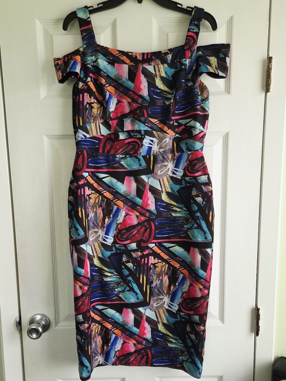 Nicole Miller ✨ Abstract Print Off-Shoulder Bodycon Multicolor Dress Size 10